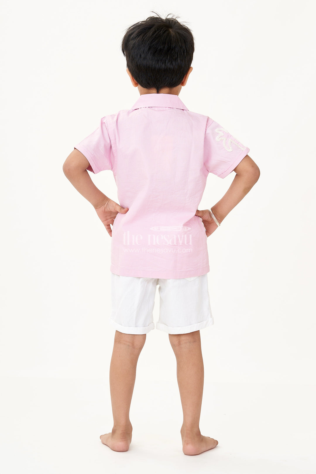 The Nesavu Boys Casual Set Boys Cotton Casual Classic Dresses with Chenille Embroidery Shirt and White Shorts in Soft Pink Nesavu Boys Cotton Chenille Embroidered Shirt Shorts Set Pink Casual Classic Summer Outfit | The Nesavu