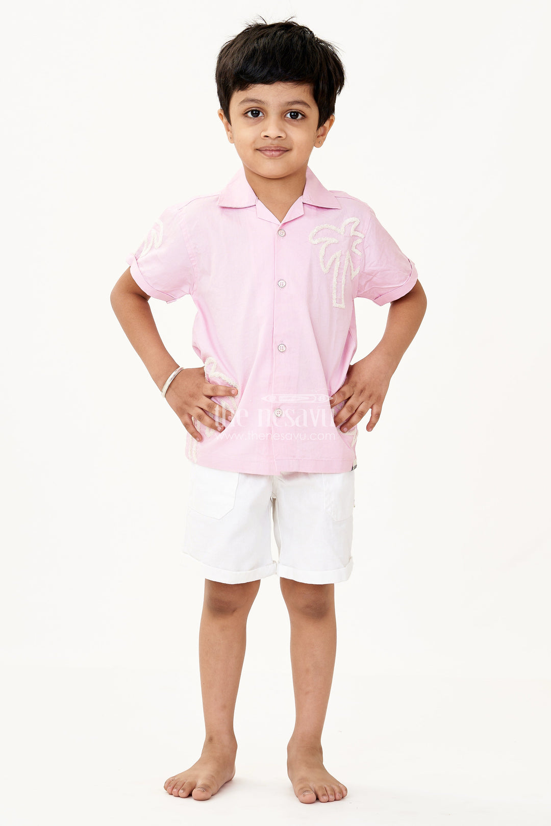 The Nesavu Boys Casual Set Boys Cotton Casual Classic Dresses with Chenille Embroidery Shirt and White Shorts in Soft Pink Nesavu Boys Cotton Chenille Embroidered Shirt Shorts Set Pink Casual Classic Summer Outfit | The Nesavu