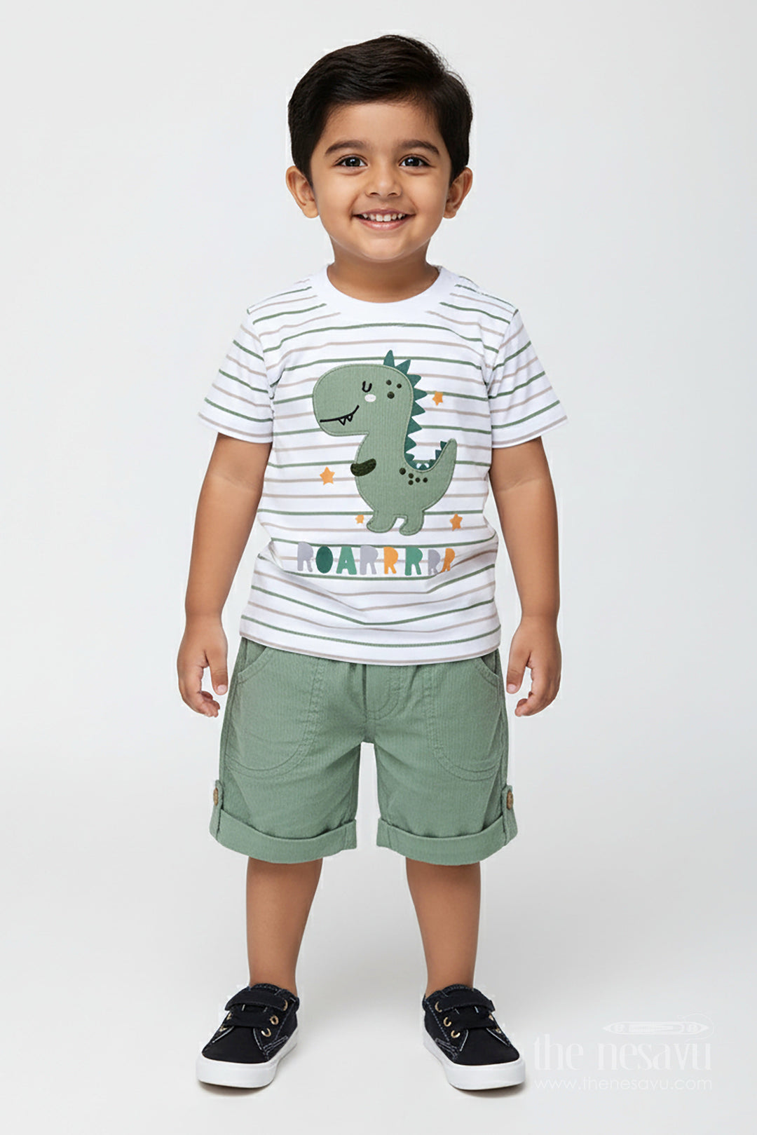 The Nesavu Boys Casual Set Boys Cotton Casual Matching Sets with Dinosaur Embellished Striped Tee and Olive Shorts for Playful Outings Nesavu 14 (6M) / Green BCS285B-14 Nesavu Boys Cotton Casual Matching Sets Dinosaur Patch Striped Tee Olive Shorts Everyday Comfort