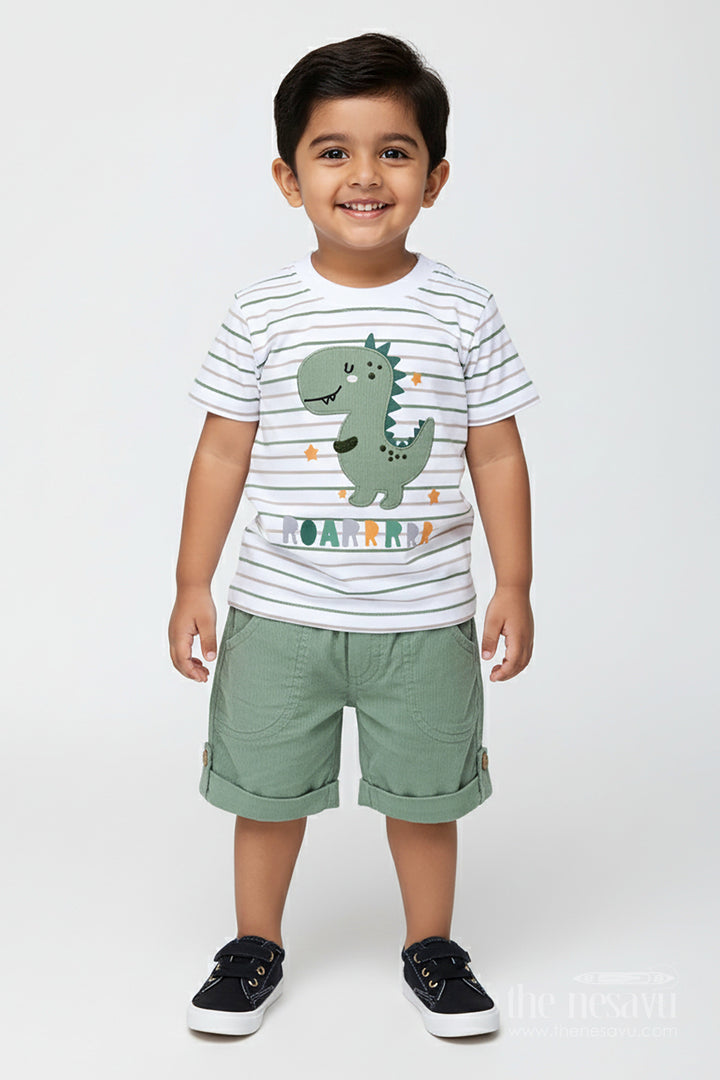 The Nesavu Boys Casual Set Boys Cotton Casual Matching Sets with Dinosaur Embellished Striped Tee and Olive Shorts for Playful Outings Nesavu 14 (6M) / Green BCS285B-14 Nesavu Boys Cotton Casual Matching Sets Dinosaur Patch Striped Tee Olive Shorts Everyday Comfort