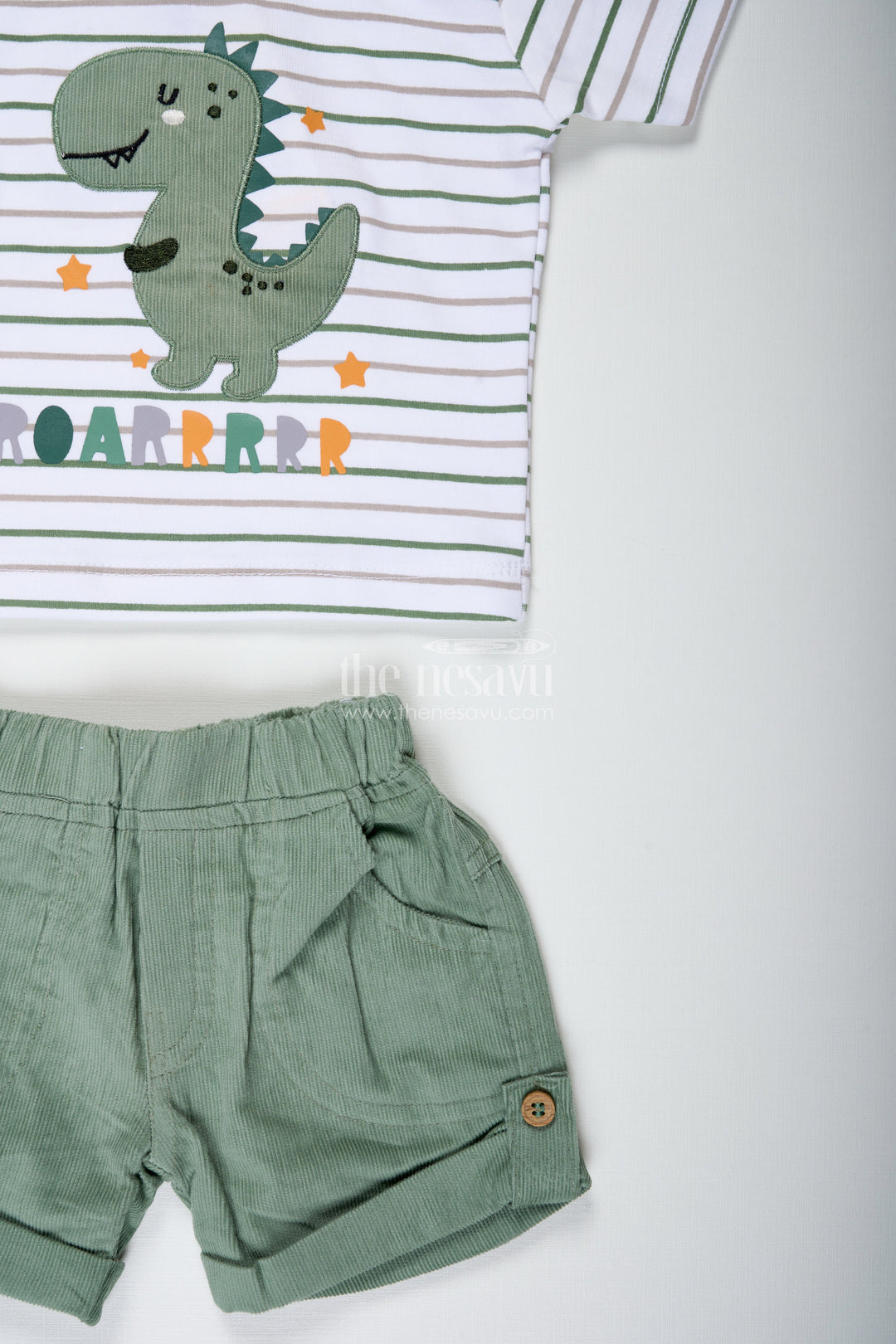 The Nesavu Boys Casual Set Boys Cotton Casual Matching Sets with Dinosaur Embellished Striped Tee and Olive Shorts for Playful Outings Nesavu Nesavu Boys Cotton Casual Matching Sets Dinosaur Patch Striped Tee Olive Shorts Everyday Comfort