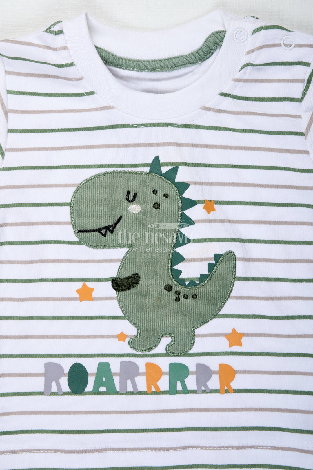 The Nesavu Boys Casual Set Boys Cotton Casual Matching Sets with Dinosaur Embellished Striped Tee and Olive Shorts for Playful Outings Nesavu Nesavu Boys Cotton Casual Matching Sets Dinosaur Patch Striped Tee Olive Shorts Everyday Comfort