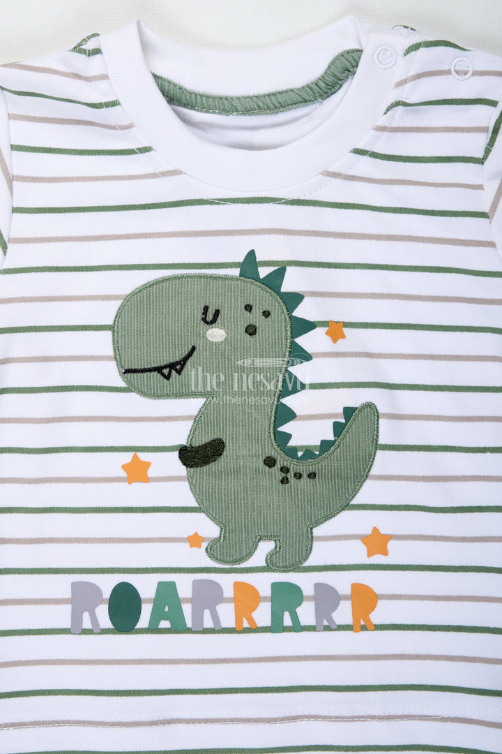 The Nesavu Boys Casual Set Boys Cotton Casual Matching Sets with Dinosaur Embellished Striped Tee and Olive Shorts for Playful Outings Nesavu Nesavu Boys Cotton Casual Matching Sets Dinosaur Patch Striped Tee Olive Shorts Everyday Comfort