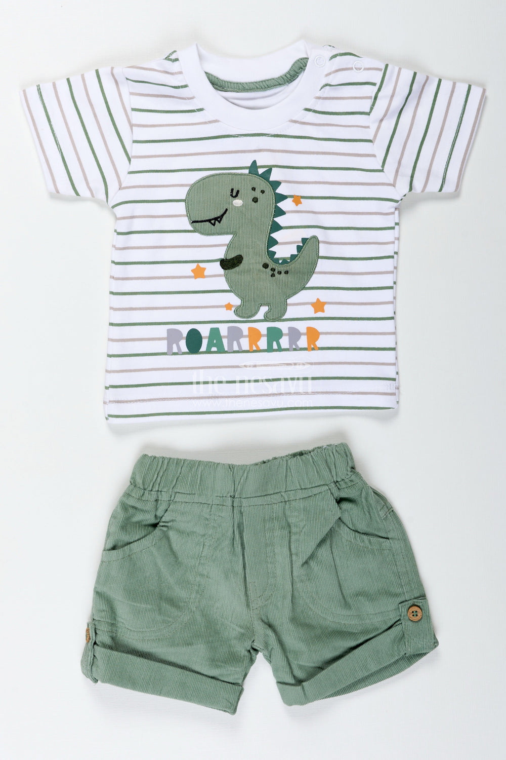 The Nesavu Boys Casual Set Boys Cotton Casual Matching Sets with Dinosaur Embellished Striped Tee and Olive Shorts for Playful Outings Nesavu Nesavu Boys Cotton Casual Matching Sets Dinosaur Patch Striped Tee Olive Shorts Everyday Comfort