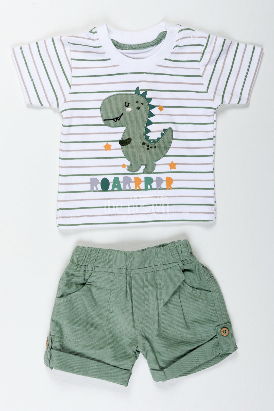 The Nesavu Boys Casual Set Boys Cotton Casual Matching Sets with Dinosaur Embellished Striped Tee and Olive Shorts for Playful Outings Nesavu Nesavu Boys Cotton Casual Matching Sets Dinosaur Patch Striped Tee Olive Shorts Everyday Comfort