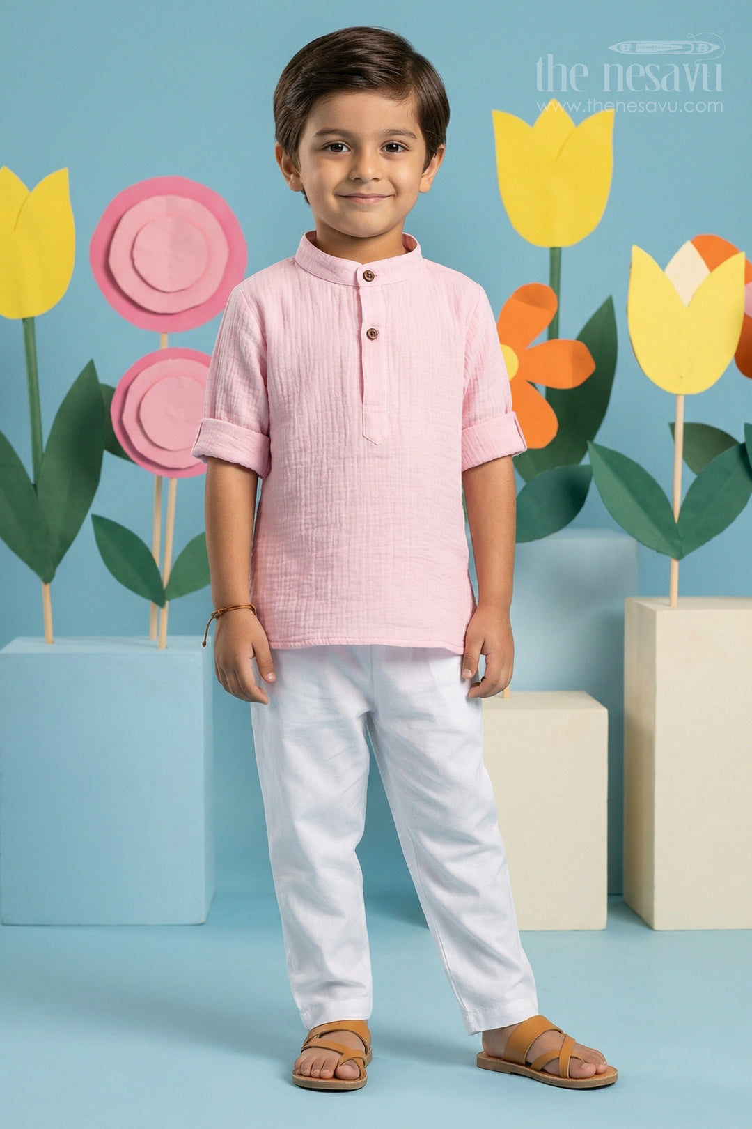The Nesavu Boys Casual Set Boys Cotton Casual Set for Summer Outings and Everyday Comfort Nesavu 12 (3M) / Pink / Muslin Cotton BCS575A-12 Nesavu boys muslin cotton casual set for summer outings and everyday wear