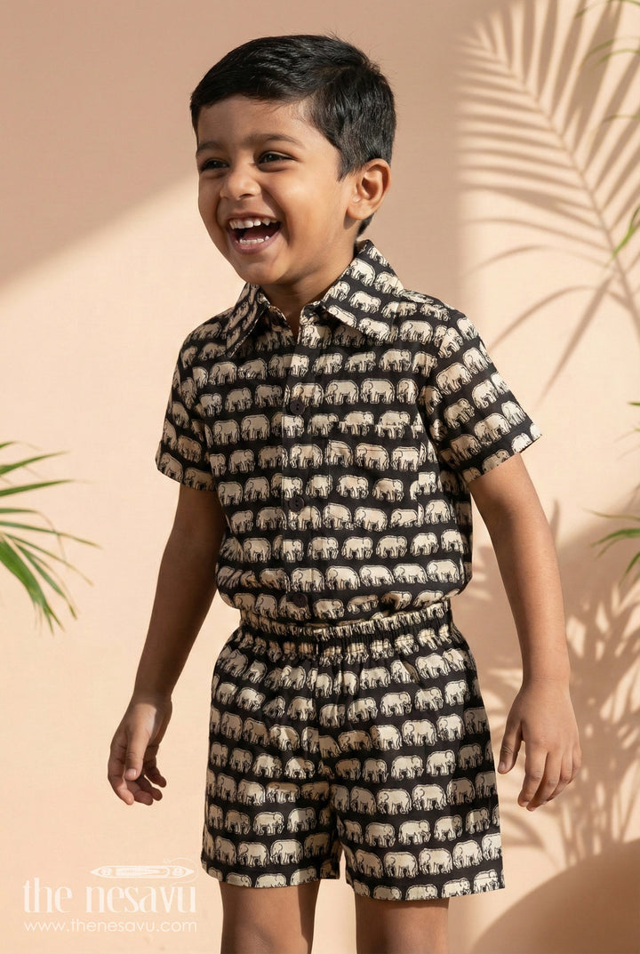 The Nesavu Boys Casual Set Boys Cotton Casual Set with Elephant Print for Playful Comfort Nesavu 16 (1Y) / Black BCS549A-16 Nesavu toddler boys cotton casual outfit with elephant digital print – fun and breathable daily wear