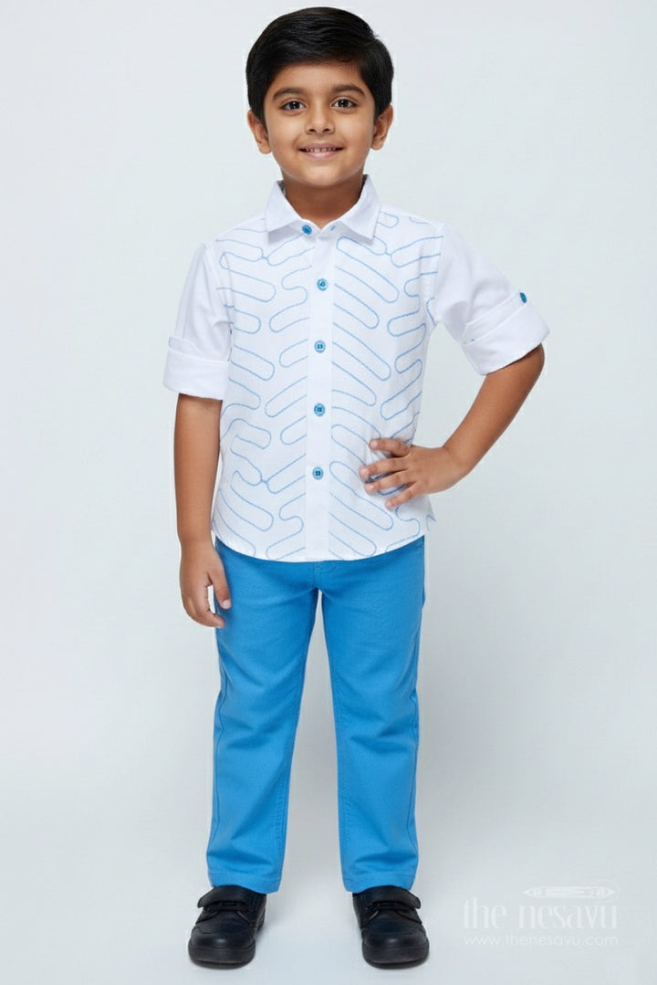 The Nesavu Boys Casual Set Boys Cotton Casual Set with Embroidered Shirt for Outings and Events Nesavu 16 (1Y) / White BCS464A-16 Nesavu boys cotton shirt pants set embroidery birthdays casual family events