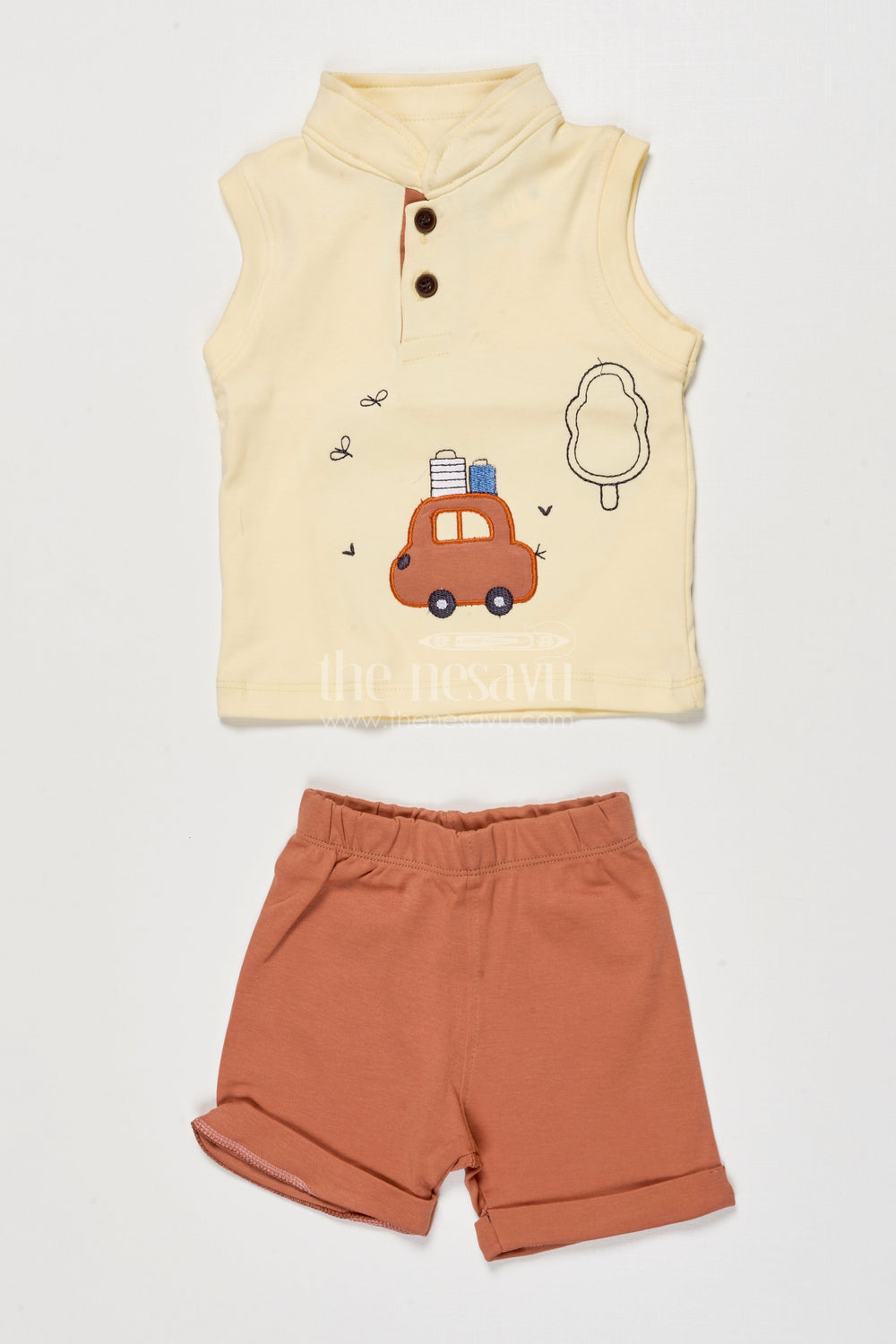 The Nesavu Boys Casual Set Boys Cotton Casual Set with Embroidery for Outings and Playdates Nesavu 14 (6M) / Yellow BCS510A-14 Nesavu boys cotton casual wear set embroidery everyday outings play