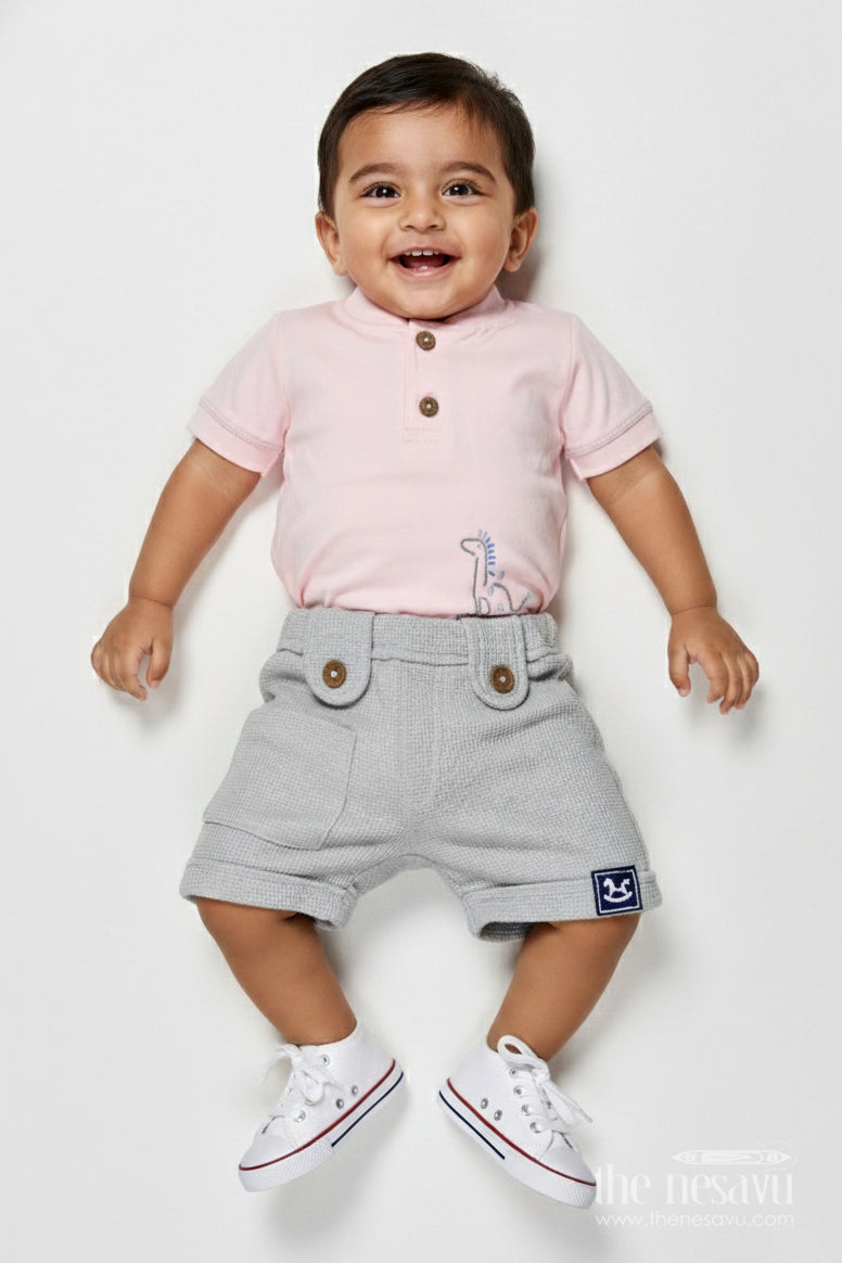 The Nesavu Boys Casual Set Boys Cotton Casual Set with Embroidery for Summer Outings and Play Nesavu 14 (6M) / Pink BCS511A-14 Nesavu boys cotton casual set embroidery summer playdates everyday comfort