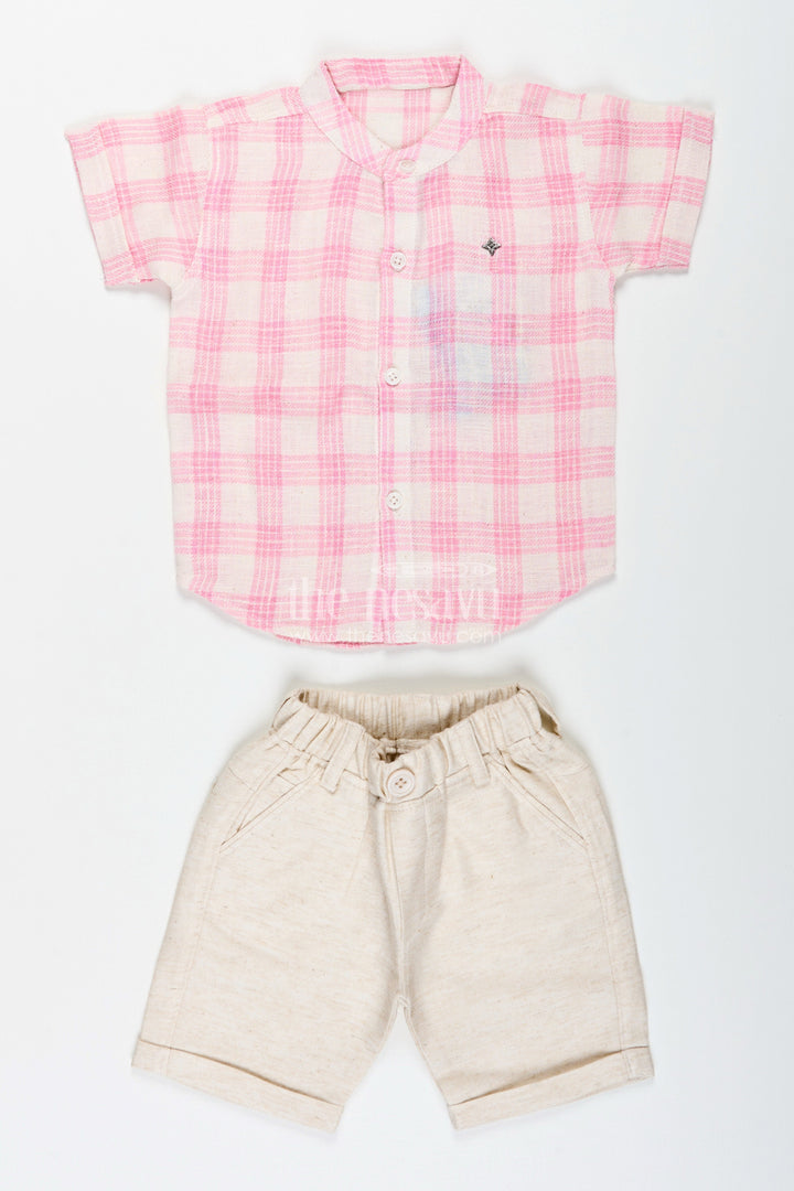 The Nesavu Boys Casual Set Boys Cotton Casual Set with Pink Checks for Everyday and Play Nesavu 16 (1Y) / Peach BCS329B-16 Nesavu boys cotton checked shirt shorts set pink  ideal summer outings