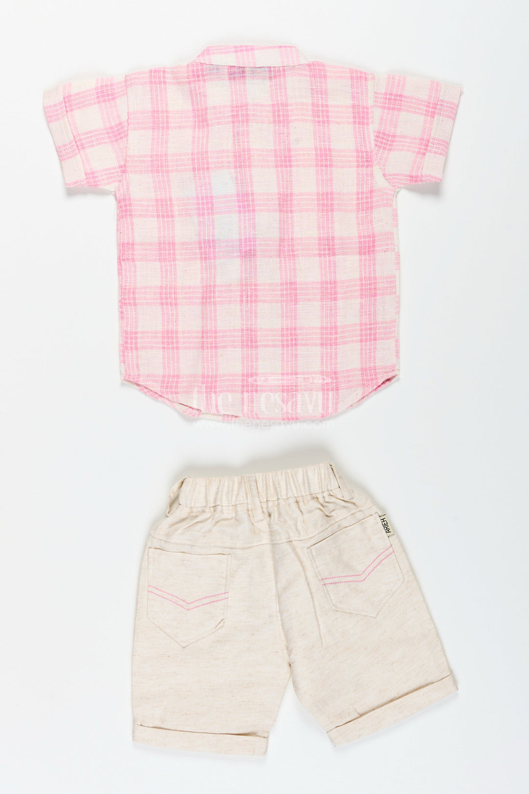 The Nesavu Boys Casual Set Boys Cotton Casual Set with Pink Checks for Everyday and Play Nesavu Nesavu boys cotton checked shirt shorts set pink  ideal summer outings