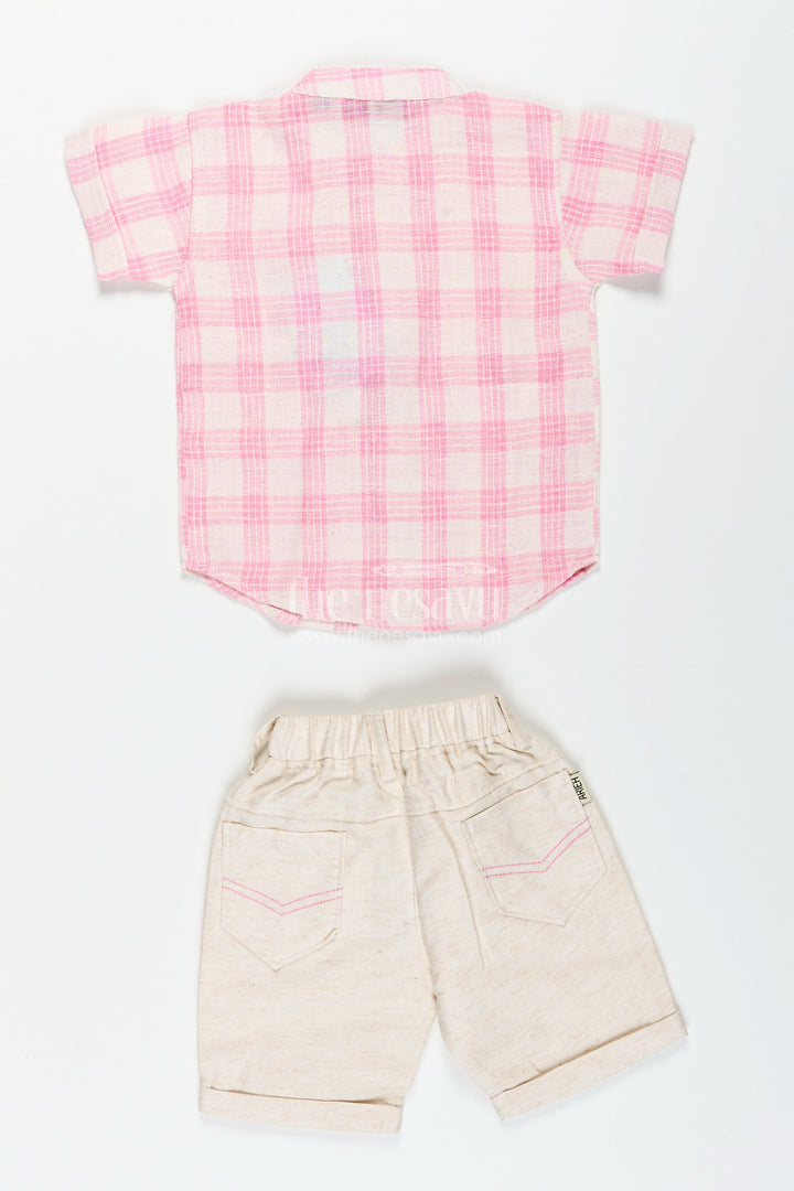 The Nesavu Boys Casual Set Boys Cotton Casual Set with Pink Checks for Everyday and Play Nesavu Nesavu boys cotton checked shirt shorts set pink  ideal summer outings