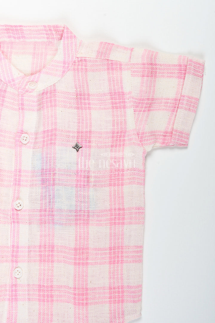 The Nesavu Boys Casual Set Boys Cotton Casual Set with Pink Checks for Everyday and Play Nesavu Nesavu boys cotton checked shirt shorts set pink  ideal summer outings