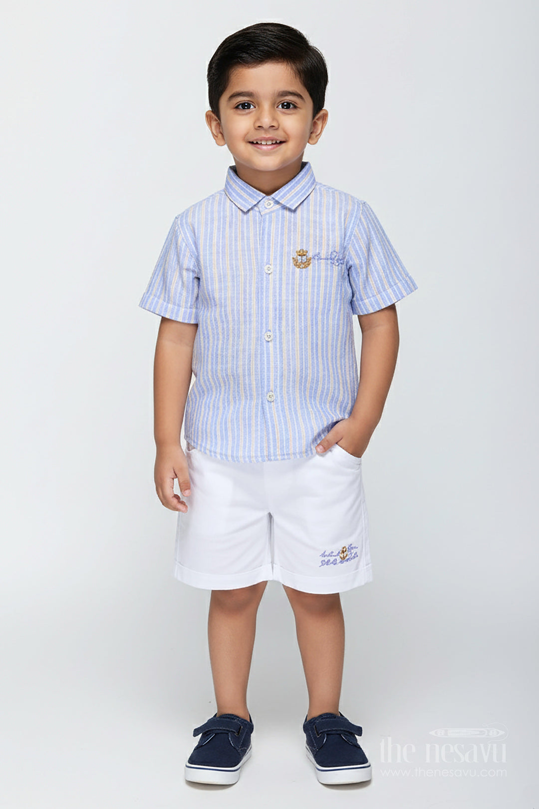 The Nesavu Boys Casual Set Boys Cotton Casual Set with Striped Shirt and White Shorts Nesavu 14 (6M) / Blue BCS370A-14 Nesavu Boys Cotton Striped Shirt White Shorts Set Casual Outings Summer Wear