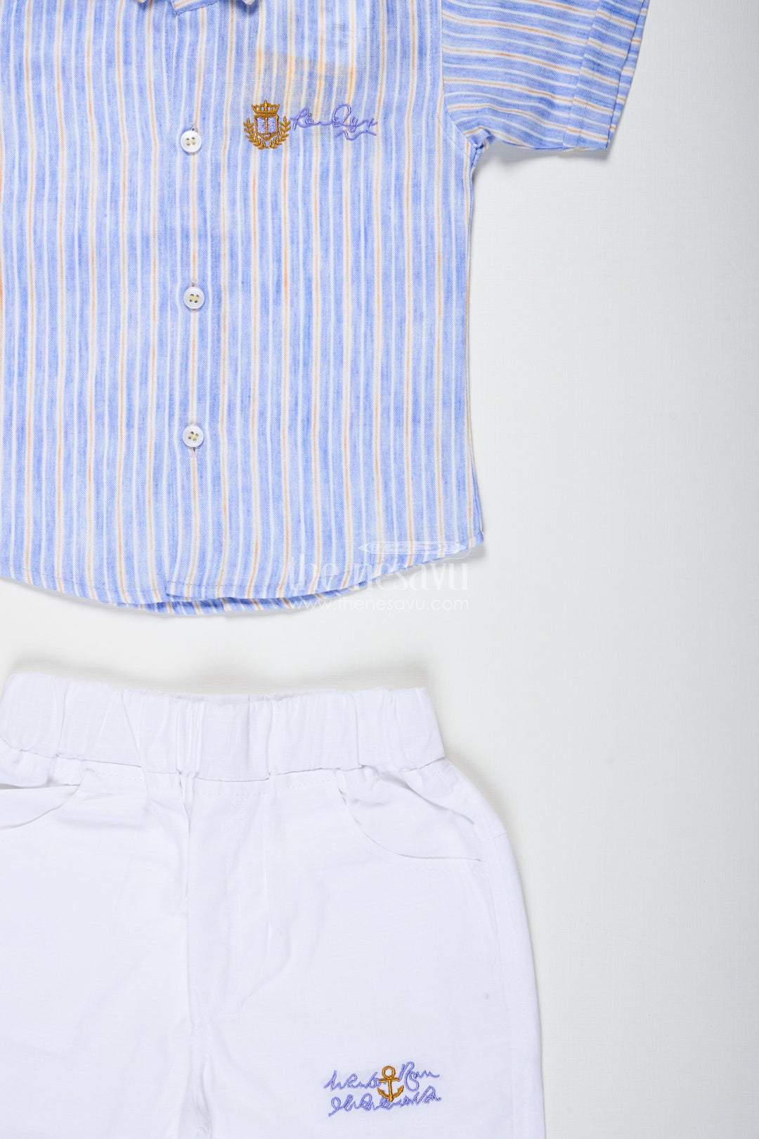 The Nesavu Boys Casual Set Boys Cotton Casual Set with Striped Shirt and White Shorts Nesavu Nesavu Boys Cotton Striped Shirt White Shorts Set Casual Outings Summer Wear
