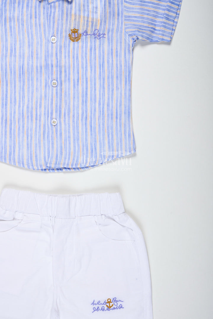 The Nesavu Boys Casual Set Boys Cotton Casual Set with Striped Shirt and White Shorts Nesavu Nesavu Boys Cotton Striped Shirt White Shorts Set Casual Outings Summer Wear