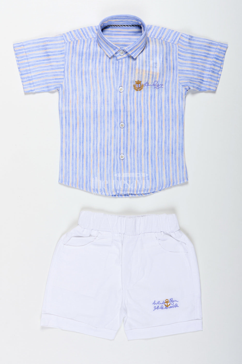 The Nesavu Boys Casual Set Boys Cotton Casual Set with Striped Shirt and White Shorts Nesavu Nesavu Boys Cotton Striped Shirt White Shorts Set Casual Outings Summer Wear