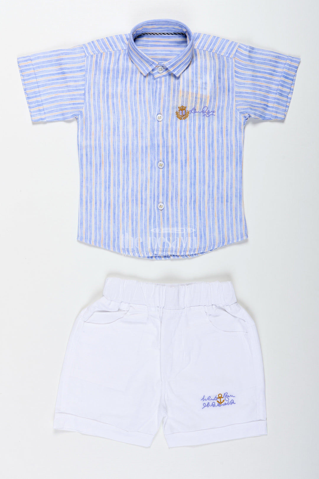 The Nesavu Boys Casual Set Boys Cotton Casual Set with Striped Shirt and White Shorts Nesavu Nesavu Boys Cotton Striped Shirt White Shorts Set Casual Outings Summer Wear