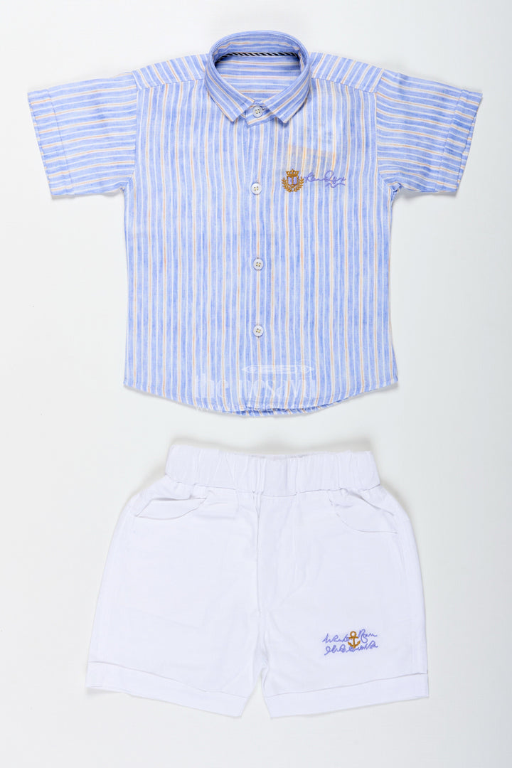 The Nesavu Boys Casual Set Boys Cotton Casual Set with Striped Shirt and White Shorts Nesavu Nesavu Boys Cotton Striped Shirt White Shorts Set Casual Outings Summer Wear