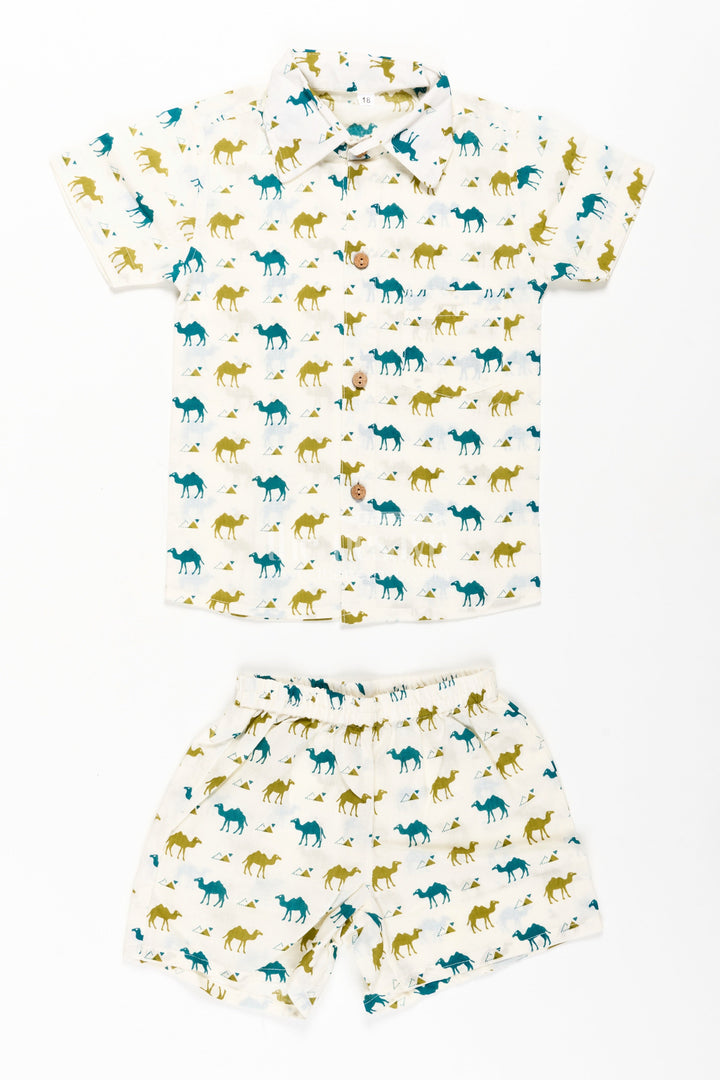 The Nesavu Boys Casual Set Boys Cotton Casual Shirt Set with Animal Digital Print and Matching Shorts in Cream Base Nesavu 16 (1Y) / Multicolor BCS259A-16 Boys Cotton Casual Shirt Set Animal Print Matching Shorts Cream Color | The Nesavu