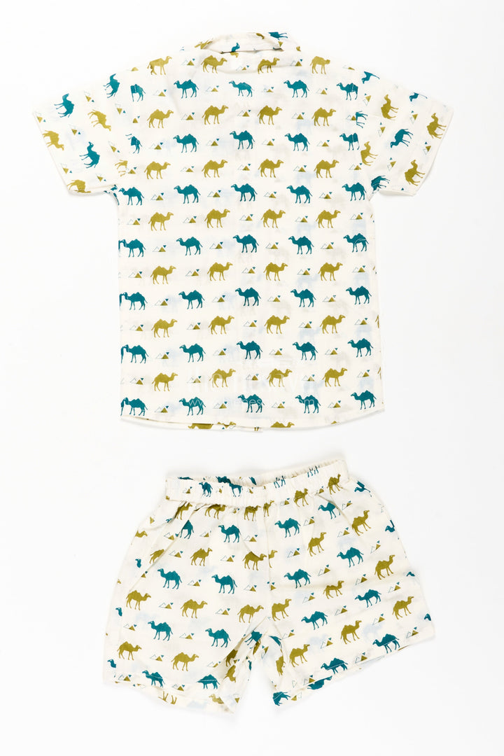 The Nesavu Boys Casual Set Boys Cotton Casual Shirt Set with Animal Digital Print and Matching Shorts in Cream Base Nesavu Boys Cotton Casual Shirt Set Animal Print Matching Shorts Cream Color | The Nesavu