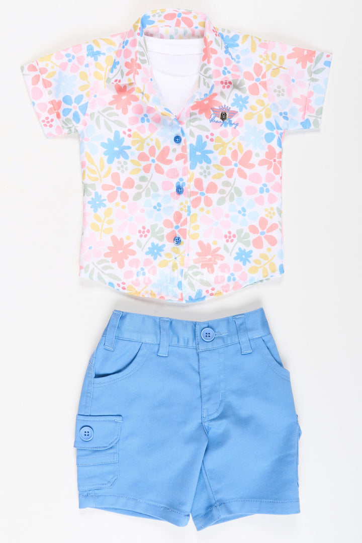 The Nesavu Boys Casual Set Boys Cotton Casual Style Summer Set with Floral Printed Shirt, Tank Tee, and Blue Shorts Nesavu Boys Cotton Casual Style Summer Set Printed Shirt Tank Tee Blue Cargo Shorts | The Nesavu