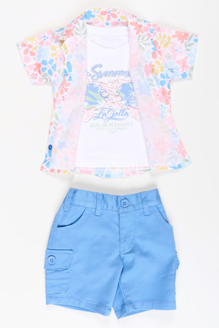 The Nesavu Boys Casual Set Boys Cotton Casual Style Summer Set with Floral Printed Shirt, Tank Tee, and Blue Shorts Nesavu Boys Cotton Casual Style Summer Set Printed Shirt Tank Tee Blue Cargo Shorts | The Nesavu