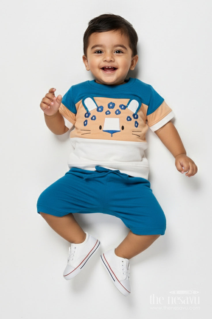 The Nesavu Boys Casual Set Boys Cotton Casual Wear Set for Playdates and Summer Fun Nesavu 14 (6M) / Blue BCS538B-14 Nesavu boys printed cotton t-shirt shorts outfit summer outings playful comfort