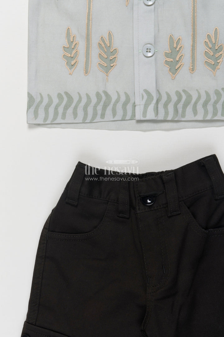 The Nesavu Boys Casual Set Boys Cotton Casual Wear Set with Embroidered Palm Motifs Nesavu Nesavu boys casual cotton shirt pant set embroidered palm design daily wear