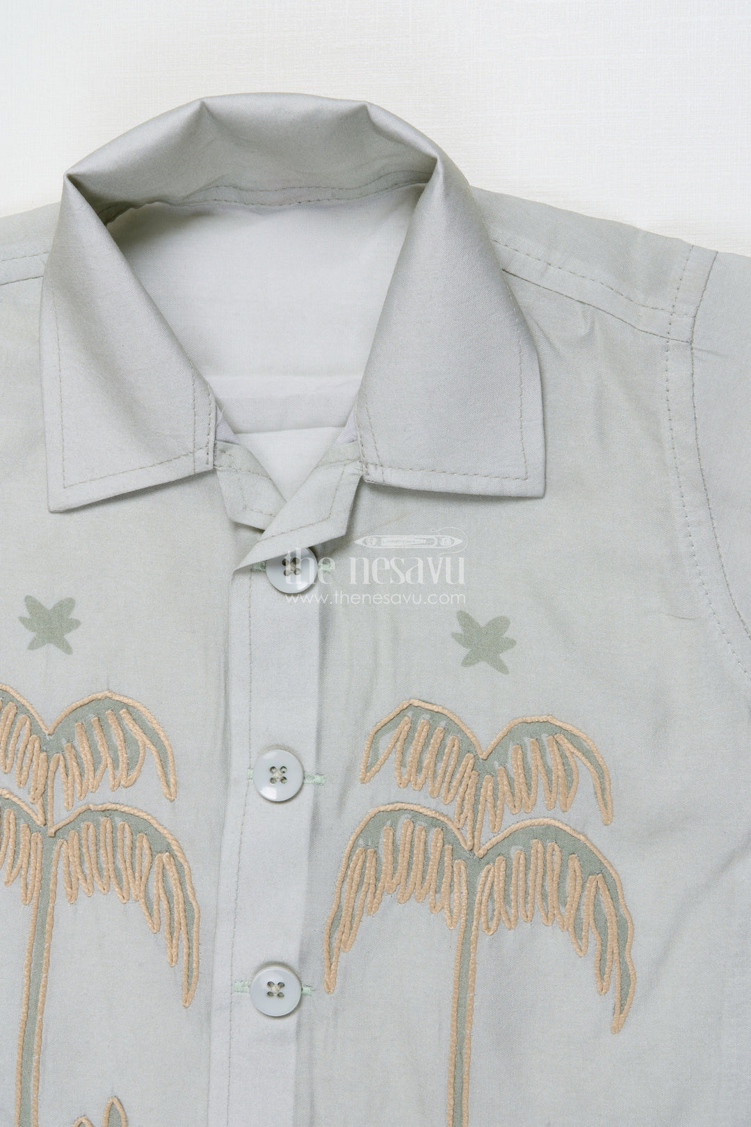 The Nesavu Boys Casual Set Boys Cotton Casual Wear Set with Embroidered Palm Motifs Nesavu Nesavu boys casual cotton shirt pant set embroidered palm design daily wear