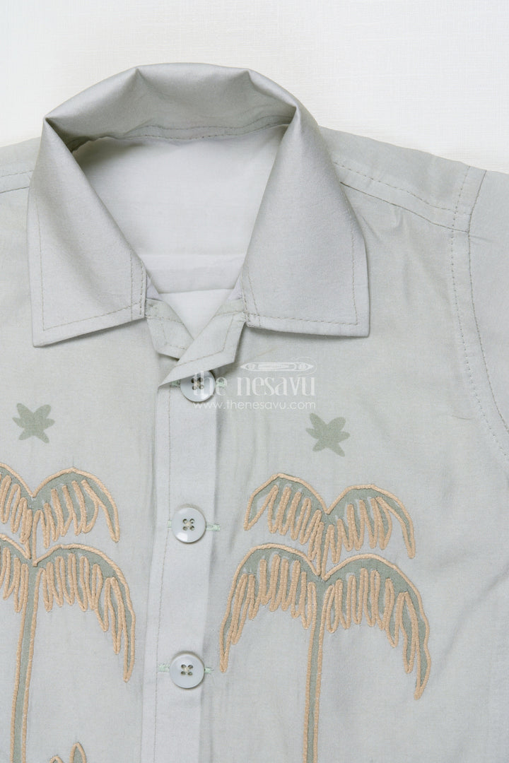 The Nesavu Boys Casual Set Boys Cotton Casual Wear Set with Embroidered Palm Motifs Nesavu Nesavu boys casual cotton shirt pant set embroidered palm design daily wear