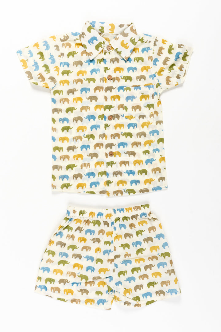 The Nesavu Boys Casual Set Boys Cotton Casual Wear Shirts Set with Elephant Digital Print and Matching Summer Shorts Nesavu Boys Cotton Casual Wear Shirts Elephant Print Matching Summer Shorts Set | The Nesavu