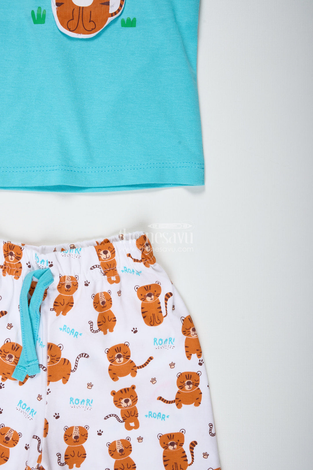 The Nesavu Boys Casual Set Boys Cotton Cat Print T Shirt and Set in Teal Blue with Printed White Shorts for Everyday Summer Style Nesavu Nesavu Boys Cotton Cat Print T Shirt Shorts Set Cartoon Animal Prints Fun Daily Wear