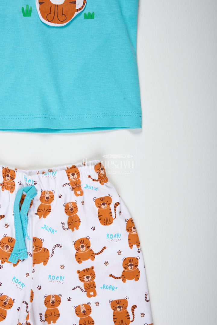 The Nesavu Boys Casual Set Boys Cotton Cat Print T Shirt and Set in Teal Blue with Printed White Shorts for Everyday Summer Style Nesavu Nesavu Boys Cotton Cat Print T Shirt Shorts Set Cartoon Animal Prints Fun Daily Wear