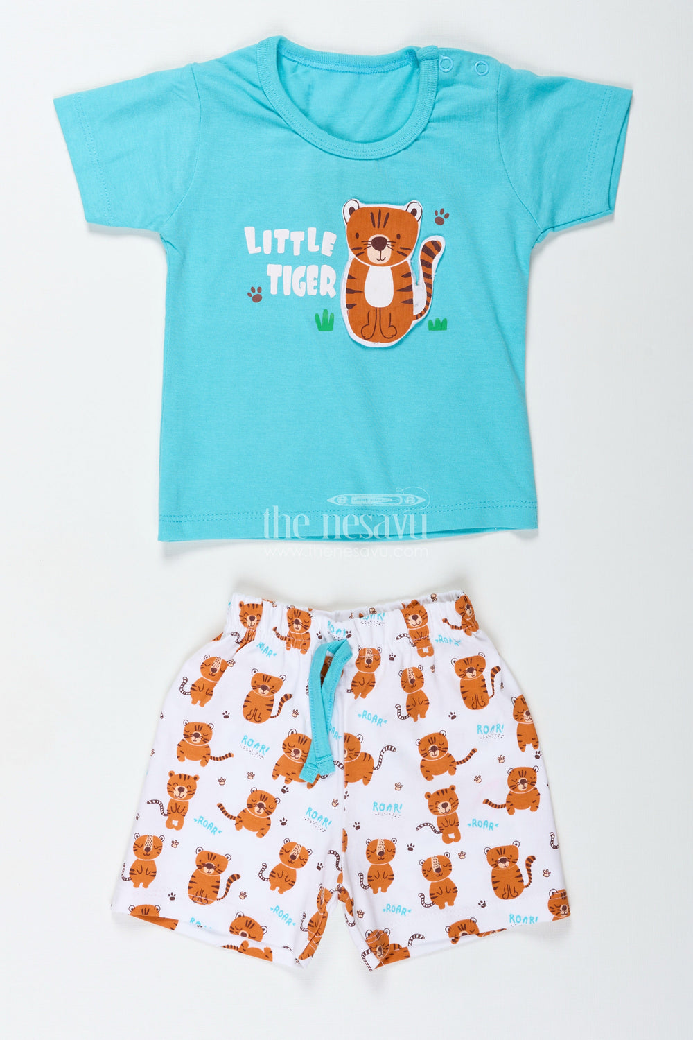 The Nesavu Boys Casual Set Boys Cotton Cat Print T Shirt and Set in Teal Blue with Printed White Shorts for Everyday Summer Style Nesavu Nesavu Boys Cotton Cat Print T Shirt Shorts Set Cartoon Animal Prints Fun Daily Wear