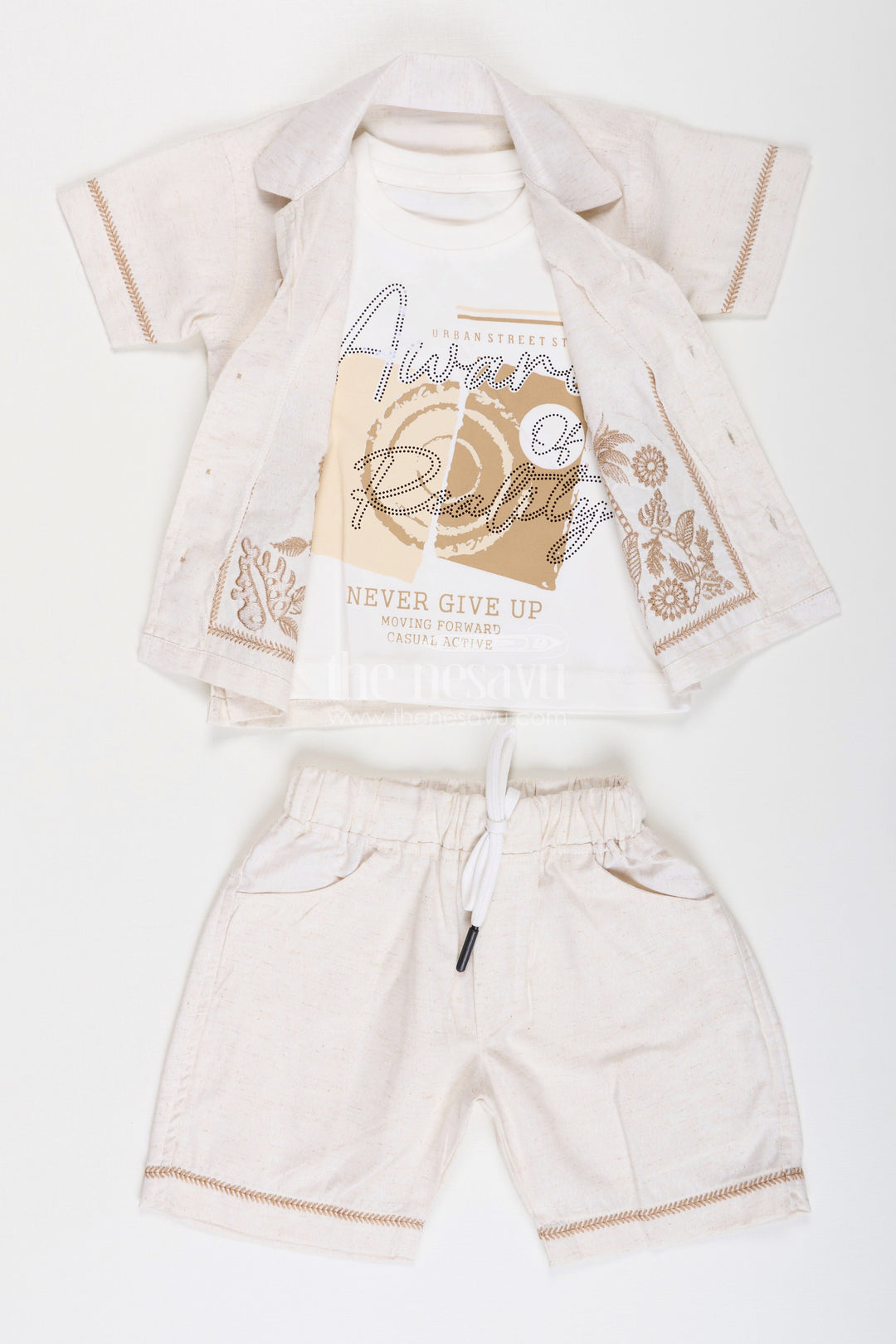 The Nesavu Boys Casual Set Boys Cotton Clothes for Kids with Thread Embroidery Shirt and Casual Tee Set Nesavu Cotton Clothes Kids Embroidered Shirt Sleeveless Tee Combo Set | The Nesavu