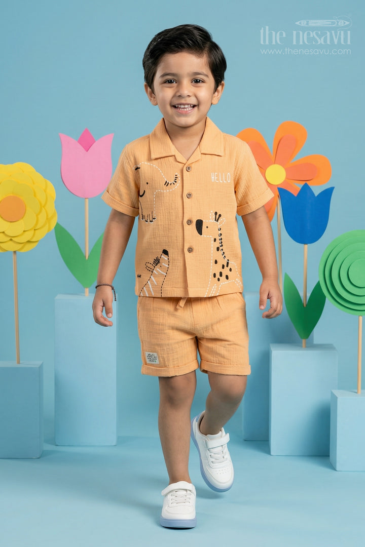 The Nesavu Boys Casual Set Boys Cotton Co Ord Set for Daily Wear and Casual Outings Nesavu 16 (1Y) / Yellow / Muslin Cotton BCS581A-16 Nesavu boys cotton co ord set for daily wear and casual outings with breathable muslin fabric and comfort fit