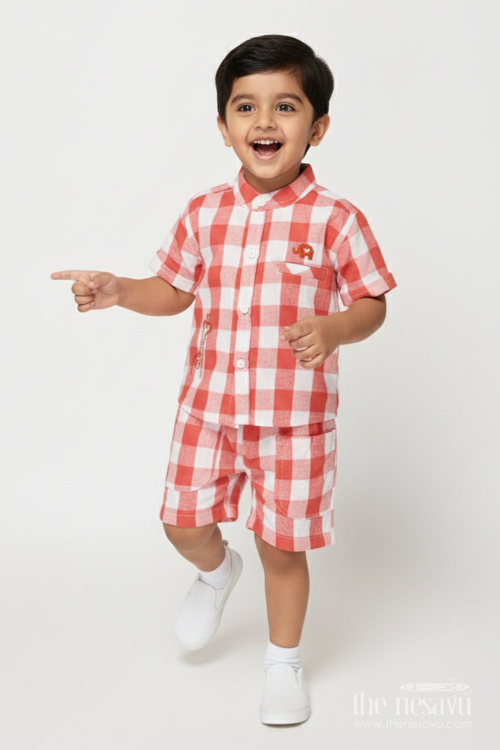 The Nesavu Boys Casual Set Boys Cotton Co-ord Set for Park Days and Casual Outings Nesavu 12 (3M) / Red BCS541A-12 Nesavu boys cotton check shirt shorts set park outings family casuals