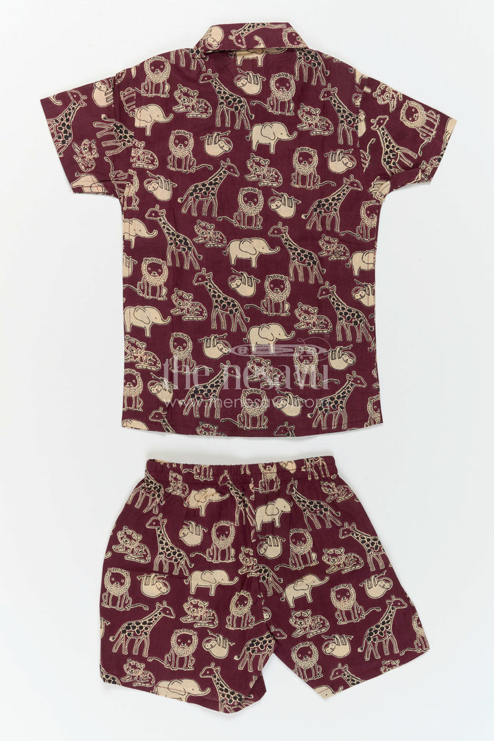 The Nesavu Boys Casual Set Boys Cotton Co Ord Set for Playtime and Summer Outings Nesavu Nesavu Boys Cotton Co Ord Set For Playtime With Animal Print Shirt And Shorts Summer Outfit