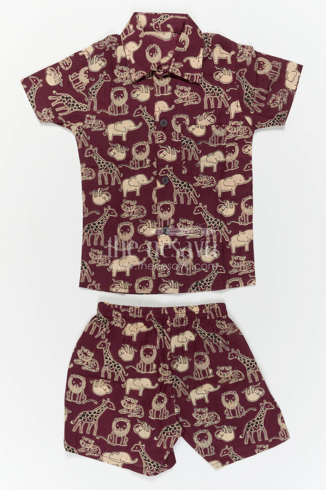The Nesavu Boys Casual Set Boys Cotton Co Ord Set for Playtime and Summer Outings Nesavu Nesavu Boys Cotton Co Ord Set For Playtime With Animal Print Shirt And Shorts Summer Outfit