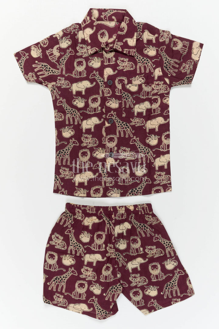 The Nesavu Boys Casual Set Boys Cotton Co Ord Set for Playtime and Summer Outings Nesavu Nesavu Boys Cotton Co Ord Set For Playtime With Animal Print Shirt And Shorts Summer Outfit