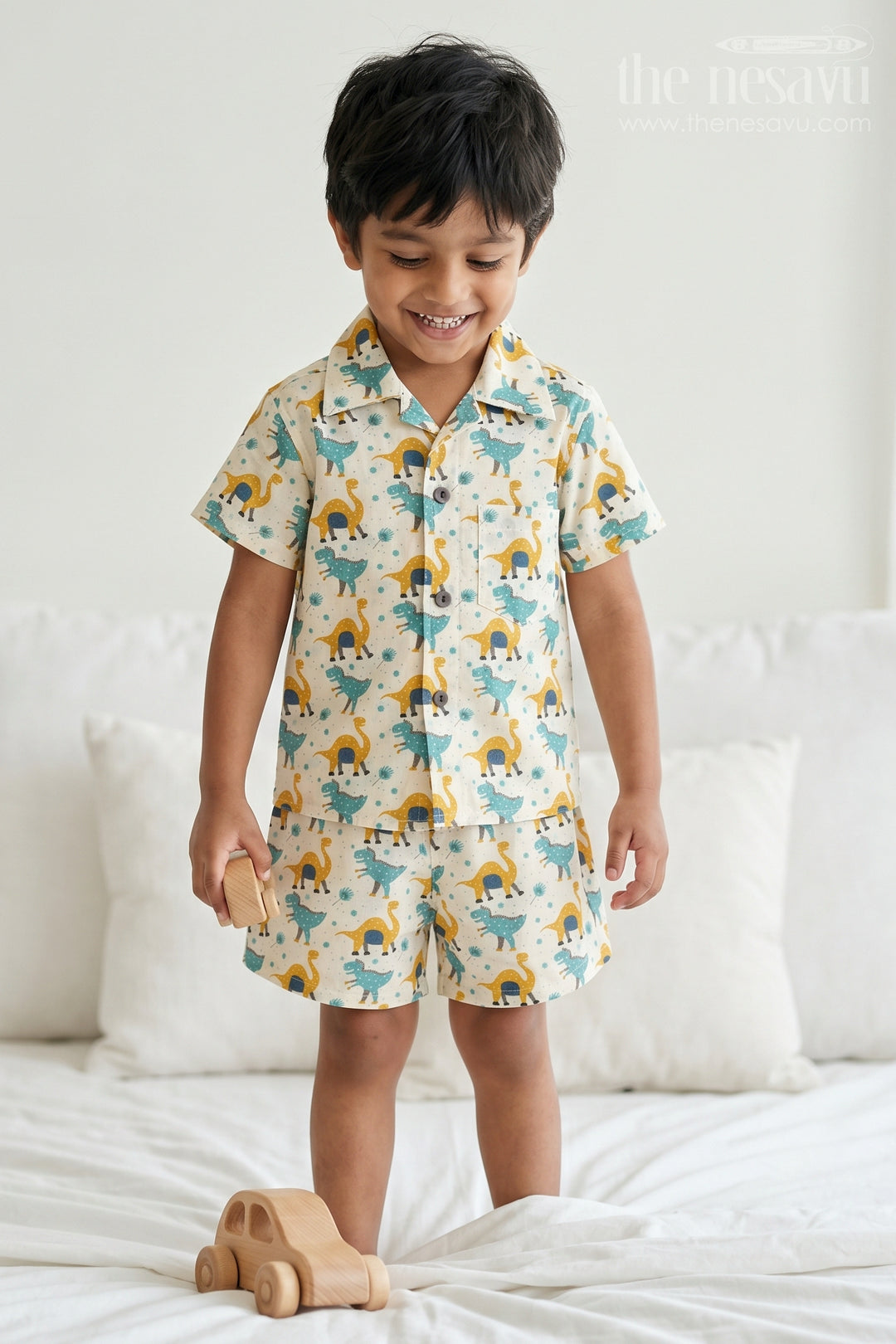 The Nesavu Boys Casual Set Boys Cotton Co Ord Set for Vacation and Summer Styling Nesavu 16 (1Y) / Yellow / Cotton BCS607A-16 Nesavu Boys Cotton Co Ord Set For Vacation With Dinosaur Print Shirt And Shorts Summer Outfit