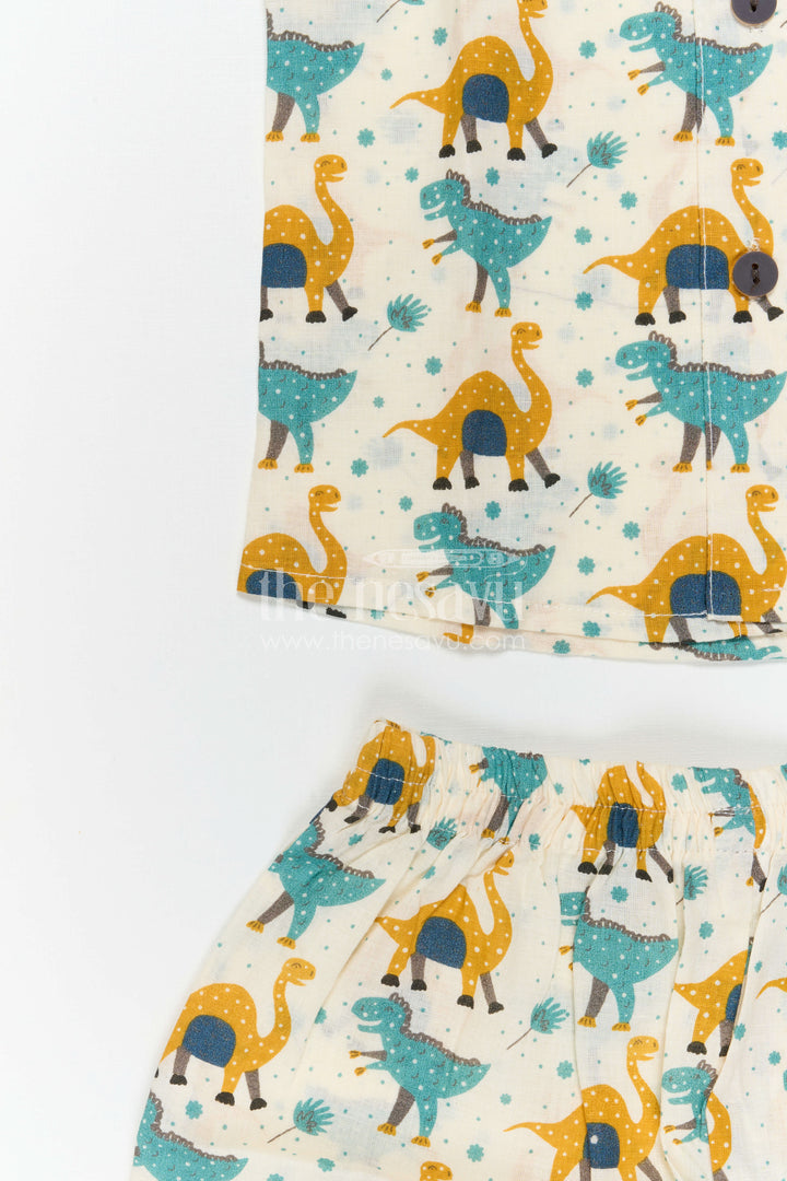 The Nesavu Boys Casual Set Boys Cotton Co Ord Set for Vacation and Summer Styling Nesavu Nesavu Boys Cotton Co Ord Set For Vacation With Dinosaur Print Shirt And Shorts Summer Outfit