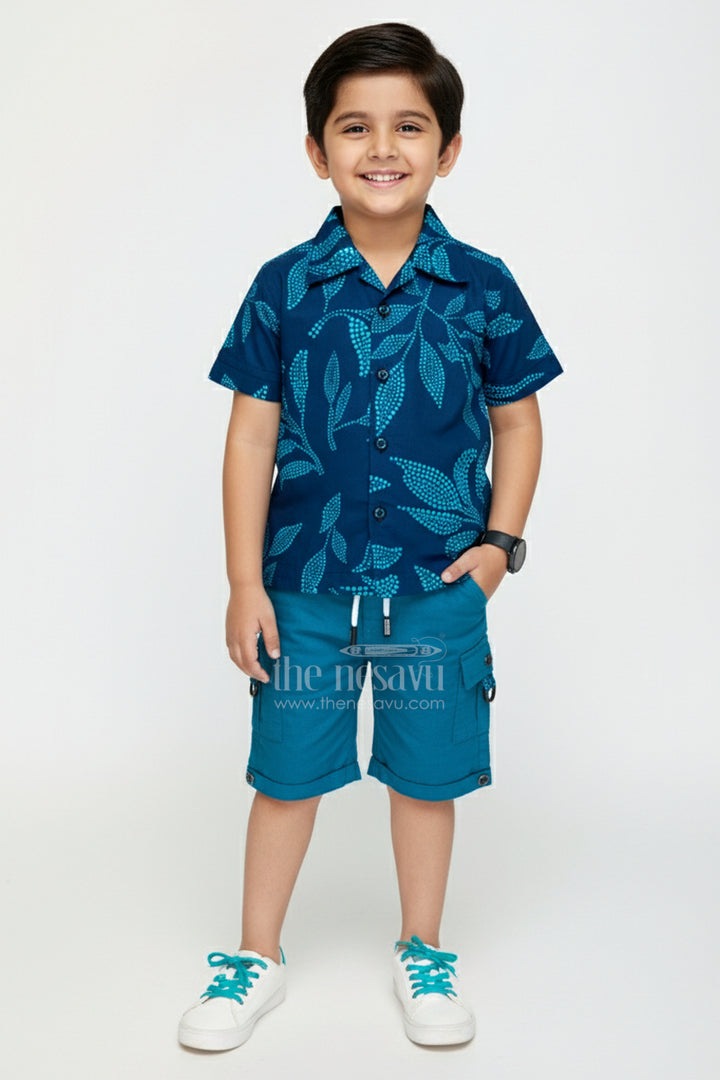 The Nesavu Boys Casual Set Boys Cotton Co-Ord Set with Bold Leaf Print for Summer Days and Playwear Nesavu 14 (6M) / Blue BCS348A-14 Nesavu boys leaf print cotton summer set shirt shorts  perfect playtime outings