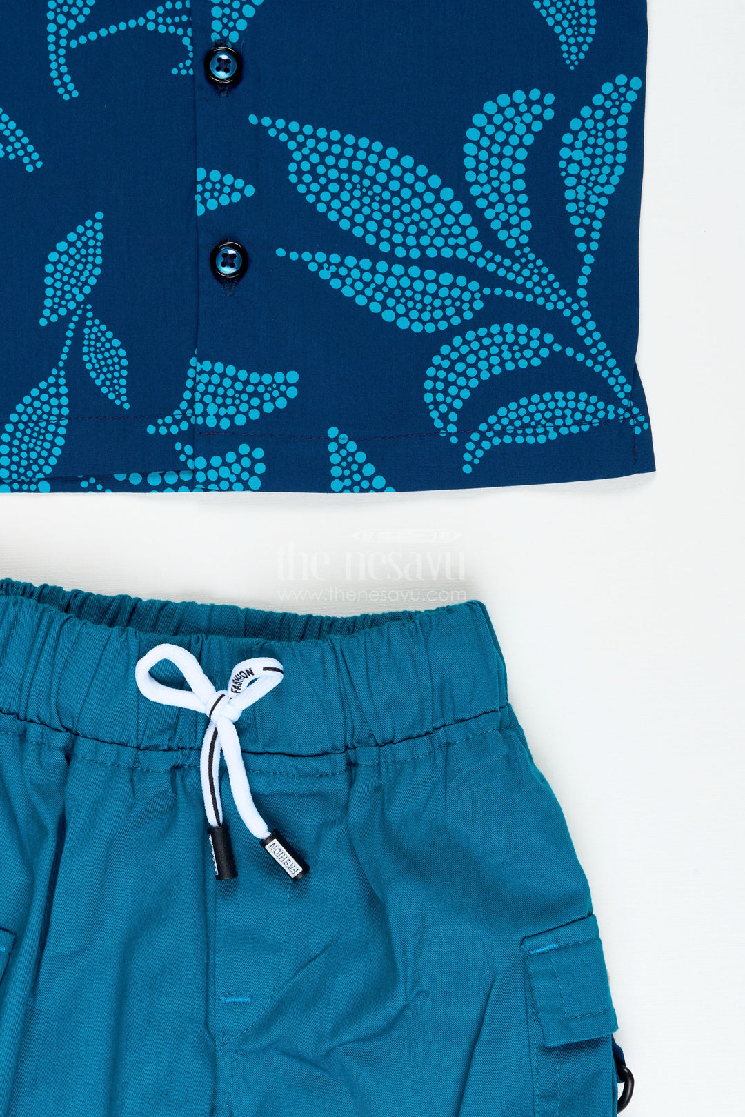 The Nesavu Boys Casual Set Boys Cotton Co-Ord Set with Bold Leaf Print for Summer Days and Playwear Nesavu Nesavu boys leaf print cotton summer set shirt shorts  perfect playtime outings