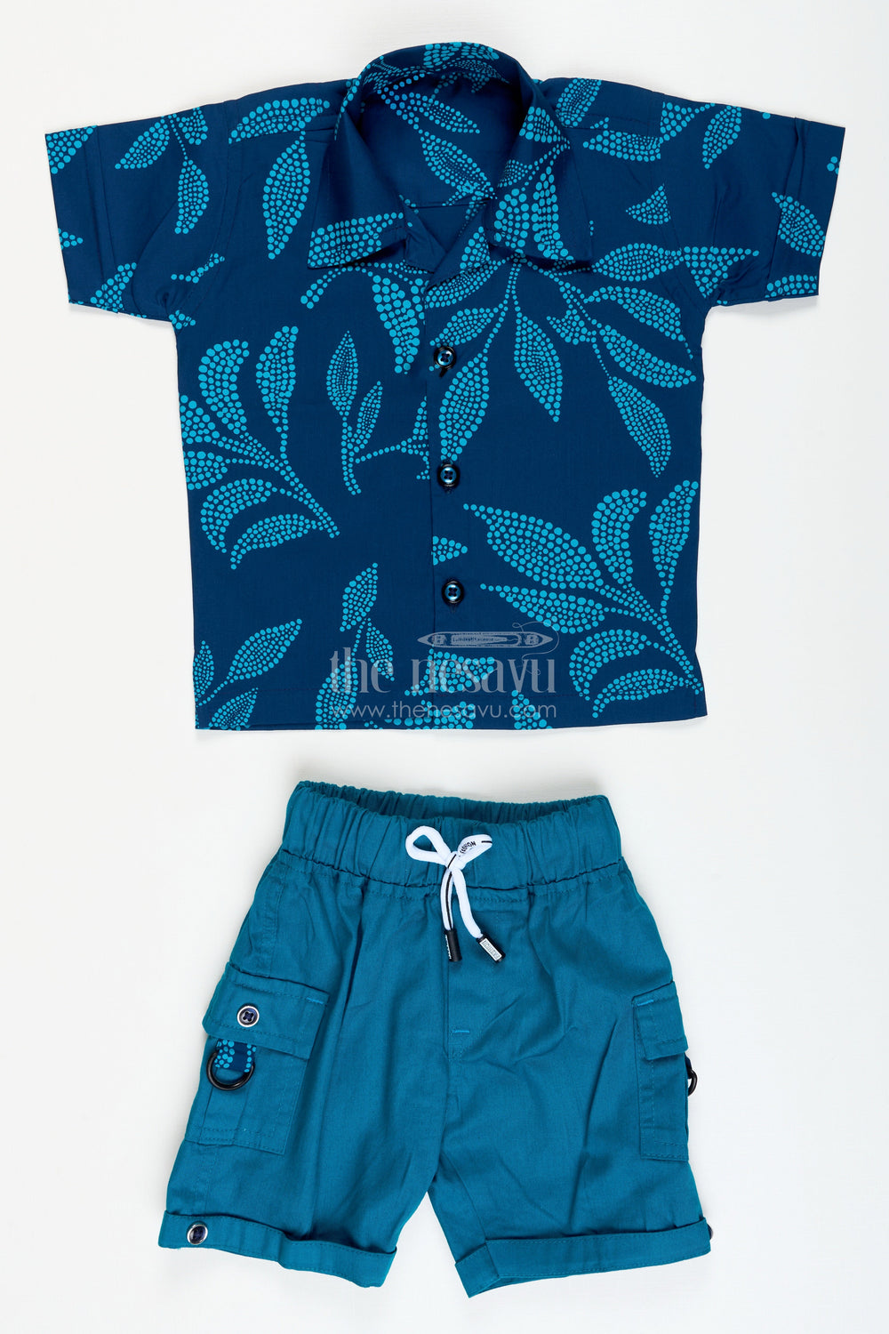 The Nesavu Boys Casual Set Boys Cotton Co-Ord Set with Bold Leaf Print for Summer Days and Playwear Nesavu Nesavu boys leaf print cotton summer set shirt shorts  perfect playtime outings