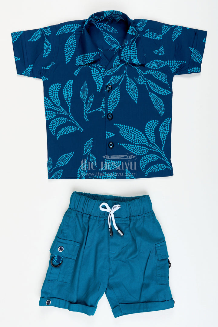 The Nesavu Boys Casual Set Boys Cotton Co-Ord Set with Bold Leaf Print for Summer Days and Playwear Nesavu Nesavu boys leaf print cotton summer set shirt shorts  perfect playtime outings