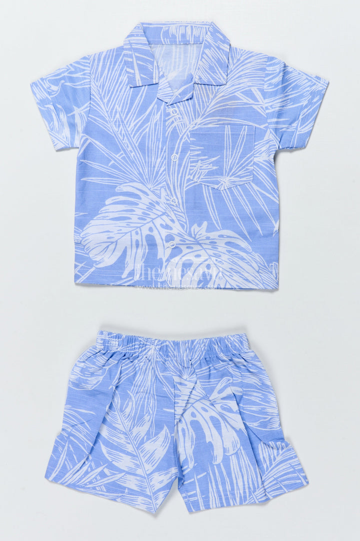 The Nesavu Boys Casual Set Boys Cotton Co-Ord Set with Leaf Print for Summer Play and Holidays Nesavu 16 (1Y) / Blue BCS480B-16 Nesavu boys cotton co-ord set tropical print  perfect summer outings holidays