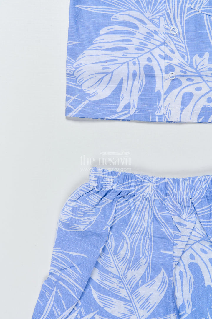 The Nesavu Boys Casual Set Boys Cotton Co-Ord Set with Leaf Print for Summer Play and Holidays Nesavu Nesavu boys cotton co-ord set tropical print  perfect summer outings holidays